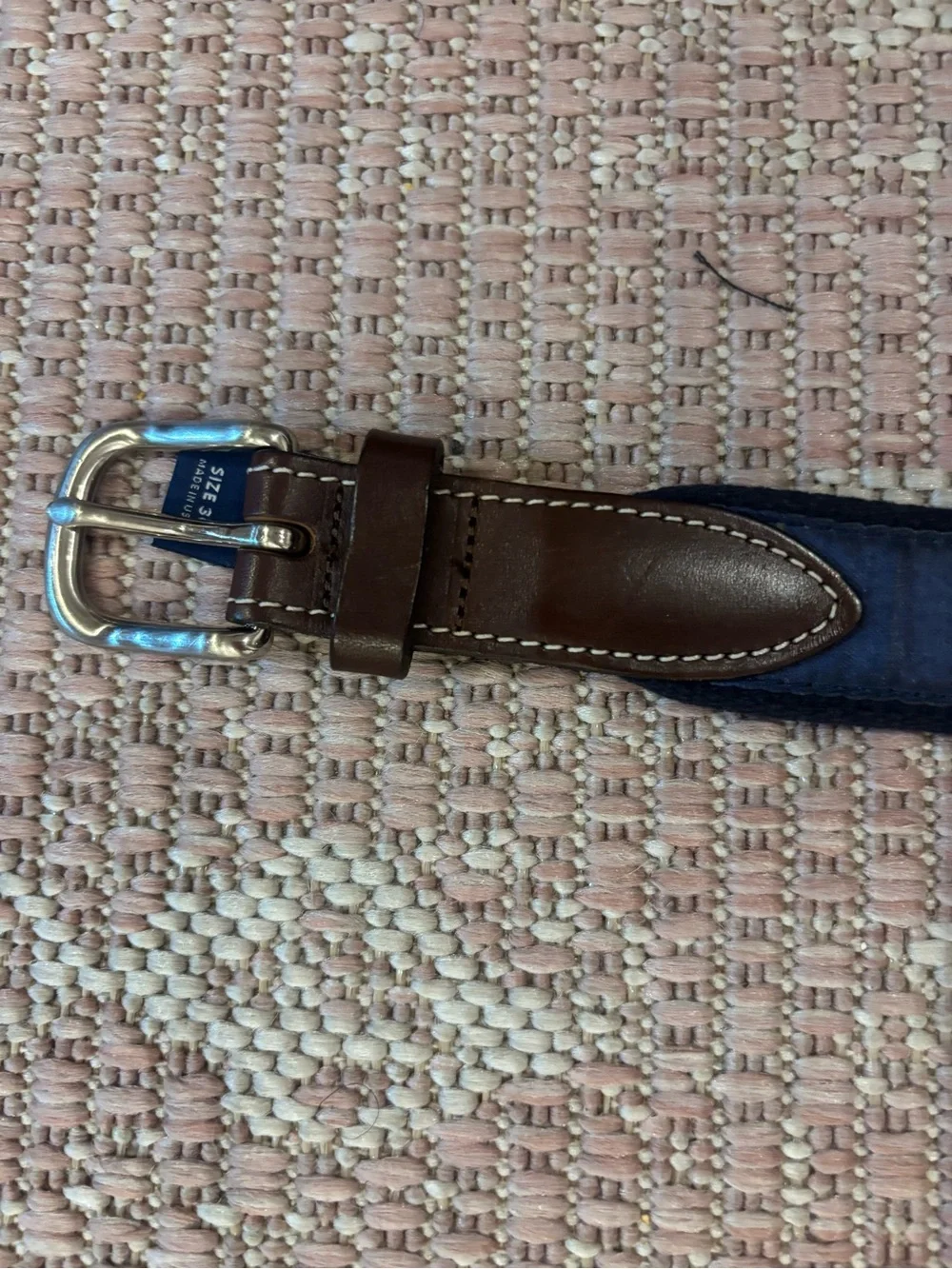 Vineyard Vines Navy Fabric Belt with Brown Leather Trim